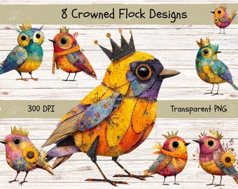 Crowned Bird Watercolor Clipart: Fantasy PNG Graphics, Junk Journal (Digital Download)