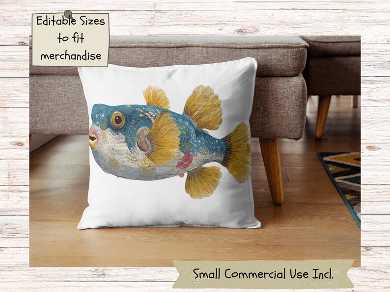 Colorful Pufferfish Watercolor Clipart, Vibrant Tropical Fish PNG Bundle for Sublimation, Marine Nautical Illustrations image 9