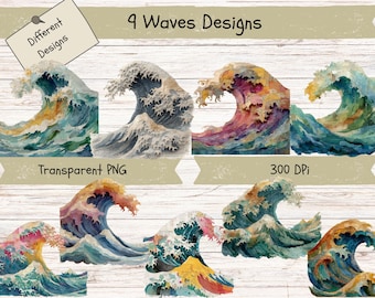 Ocean Wave Clipart – Watercolor Wave PNG Graphics (Digital Download)