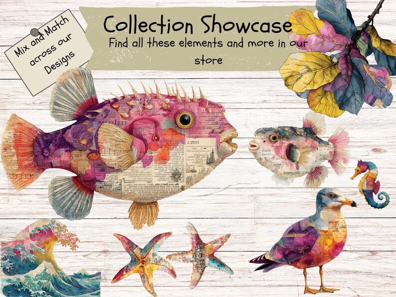 May include: A collection of marine-themed illustrations featuring a large pufferfish, a smaller pufferfish, a seagull, a seahorse, two starfish, a wave, and foliage. Text reads: Collection Showcase, Find all these elements and more in our store, Mix and Match across our Designs.