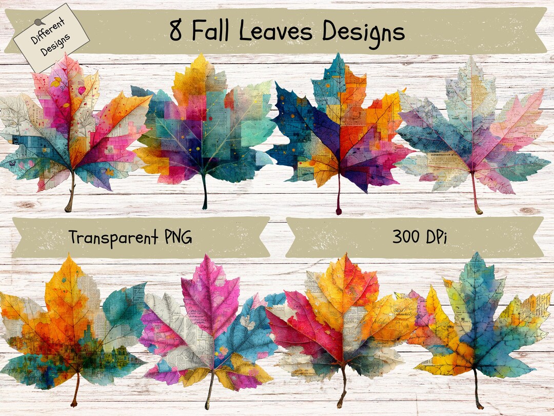 Fall Leaf Bitmap Textured Fall Leaf Clipart – Mixed Media PNG Graphics (digital Download ...