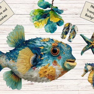 May include: A digital illustration set featuring a pufferfish, a seahorse, a starfish, a pair of flip-flops, and a leafy branch. The pufferfish is blue and yellow with textured details. Text notes: Different Textures and finishes, PNG with Transparent Background.