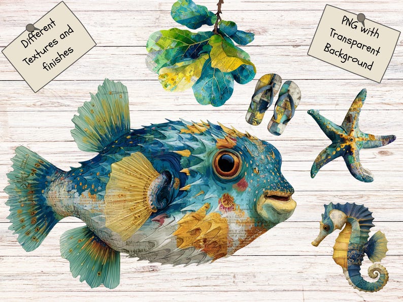 May include: A digital illustration set featuring a pufferfish, a seahorse, a starfish, a pair of flip-flops, and a leafy branch. The pufferfish is blue and yellow with textured details. Text notes: Different Textures and finishes, PNG with Transparent Background.