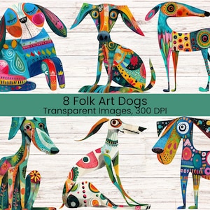 Whimsical Patchwork Dogs Clipart | Colorful Folk Art Puppy Illustrations | Cute Dog PNG Bundle