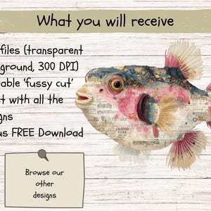 May include: A digital graphic of a pufferfish featuring a collage of musical notes, text, and pink floral patterns. The text reads: What you will receive, PNG files (transparent background, 300 DPI), Printable 'fussy cut' sheet, Bonus FREE Download, Browse our other designs.