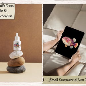 May include: A white dropper bottle featuring a colorful pufferfish illustration balanced on a stack of three smooth stones. A tablet screen displays the same pufferfish graphic. Text notes include Editable Sizes to fit merchandise and Small Commercial Use Incl.