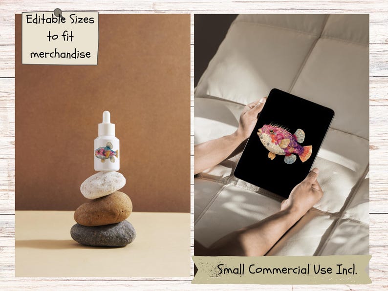 May include: A white dropper bottle featuring a colorful pufferfish illustration balanced on a stack of three smooth stones. A tablet screen displays the same pufferfish graphic. Text notes include Editable Sizes to fit merchandise and Small Commercial Use Incl.
