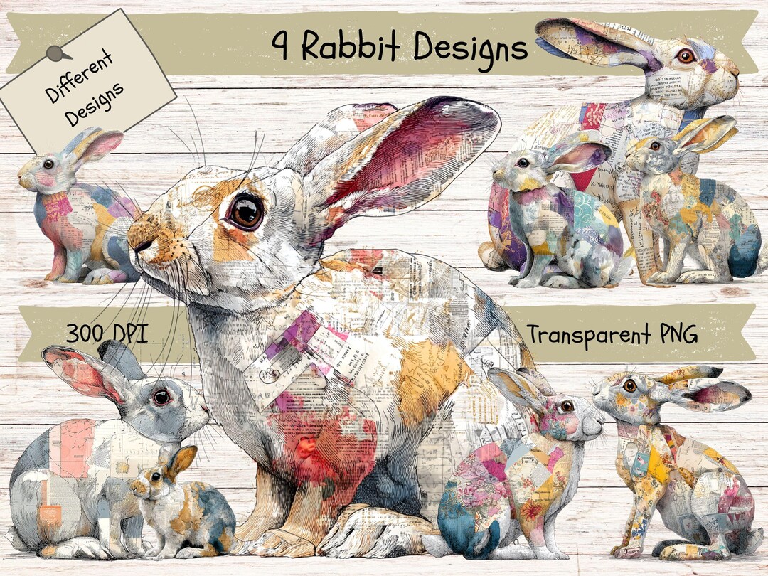 Rabbit Portrait PNG Graphics, Collage Style, Junk Journal (digital ...