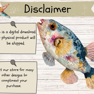 May include: A digital download graphic featuring a colorful, mixed-media style fish illustration with blue, pink, and yellow tones. The image includes a starfish icon and two rectangular notes with the text: Disclaimer, This is a digital download. No physical product will be shipped. Visit our store for many other designs to compliment your purchase.