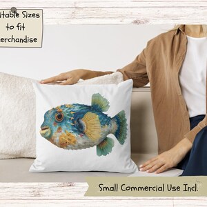 Colorful Pufferfish Watercolor Clipart, Vibrant Tropical Fish PNG Bundle for Sublimation, Marine Nautical Illustrations image 6
