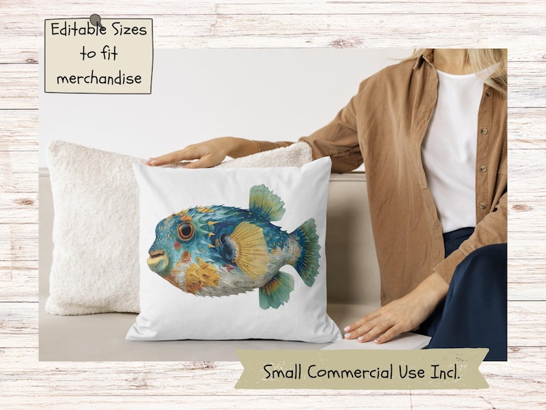 Colorful Pufferfish Watercolor Clipart, Vibrant Tropical Fish PNG Bundle for Sublimation, Marine Nautical Illustrations image 6