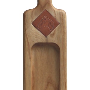 Wood glycerin saddle soap dish/saddle soap holder/saddle soap tray with inlaid natural leather horse head medallion.