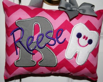 Tooth Fairy Pillow for Girls - Chevron - Hot Pink - Gray - Tooth Chart - Birthday Girl