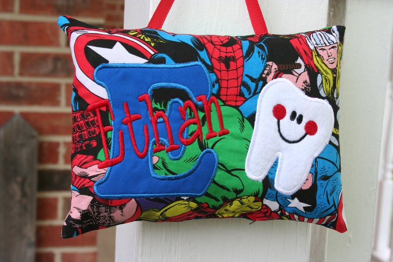 Superhero Tooth Fairy Pillow Personalized Superhero Christmas Gift Birthday Gift Baby Gift Spider-Man Ring Bearer image 1