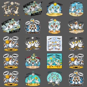 Peut inclure: Une collection d'illustrations de dessins animés mettant en scène des mouettes jouant au volley-ball, au badminton et à d'autres sports. Chaque dessin comprend le mot "MINE!" dans des bulles, avec divers arrière-plans et poses.