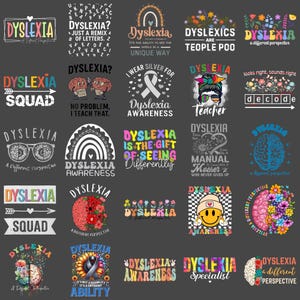 Puede incluir: Una colección de diseños gráficos con la palabra "Dislexia" en varias fuentes y estilos. Algunos diseños incluyen frases como "Concienciación sobre la dislexia", "Equipo de dislexia" y "Una perspectiva diferente". Los diseños presentan arcoíris, cerebros y flores.
