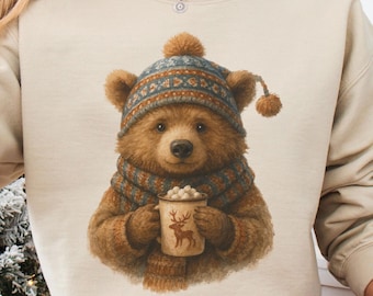 Cozy Winter Bear Sweatshirt: Cute Animal Sweater, Hot Cocoa Baby Bear Tee, Woodland Christmas Top
