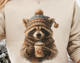 Cozy Winter Raccoon Sweatshirt: Cute Animal Sweater, Hot Cocoa Raccoon Tee, Woodland Christmas Top