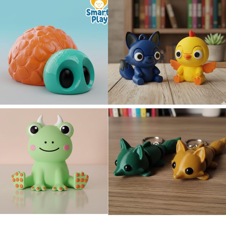May include: A collection of colorful plastic toys, including a brain-shaped object, a teal-colored object with black eye-like holes, a blue fox, a yellow chick, a green frog, and two animal keychains. The toys are designed for play.