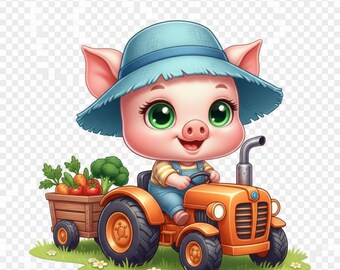 Adorable Piggy Clipart - Sweet Baby Pig in Overalls - Cute Farm Animal Nursery Art - Instant Download PNG - Whimsical Piglet Graphics