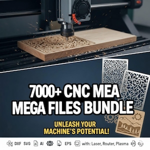Op de afbeelding: Een CNC-machine die een gedetailleerd ontwerp in een houten plank graveert. De afbeelding toont ook voorbeelden van lasergesneden ontwerpen en de tekst "7000+ CNC MEGA FILES BUNDLE. UNLEASH YOUR MACHINE'S POTENTIAL!"