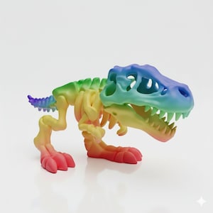 May include: A brightly coloured T-Rex skeleton toy. The dinosaur is painted with a gradient of colours, transitioning from red to yellow to green and blue. The toy has a detailed skeletal structure and is posed in a standing position.
