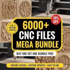 May include: A promotional image for a CNC file mega bundle. The image features carved wooden panels with floral and skull designs. The central text reads "6000+ CNC FILES MEGA BUNDLE" with a "70% OFF" offer. Additional text includes "BUY ONE GET ONE BUNDLE FREE".