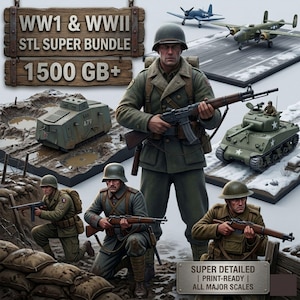 Può includere: Opera d'arte digitale con modelli militari della Prima e Seconda Guerra Mondiale, tra cui soldati, carri armati e aerei. L'immagine include il testo "WW1 & WWII STL SUPER BUNDLE 1500 GB+" e "SUPER DETAILED | PRINT-READY | ALL MAJOR SCALES."