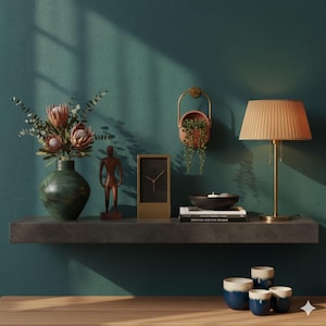 May include: A modern interior design scene featuring a dark green vase with pink flowers, a bronze statue, a gold-framed clock, and a table lamp with a pleated lampshade. A small hanging planter and a set of blue and white ceramic cups complete the decor.