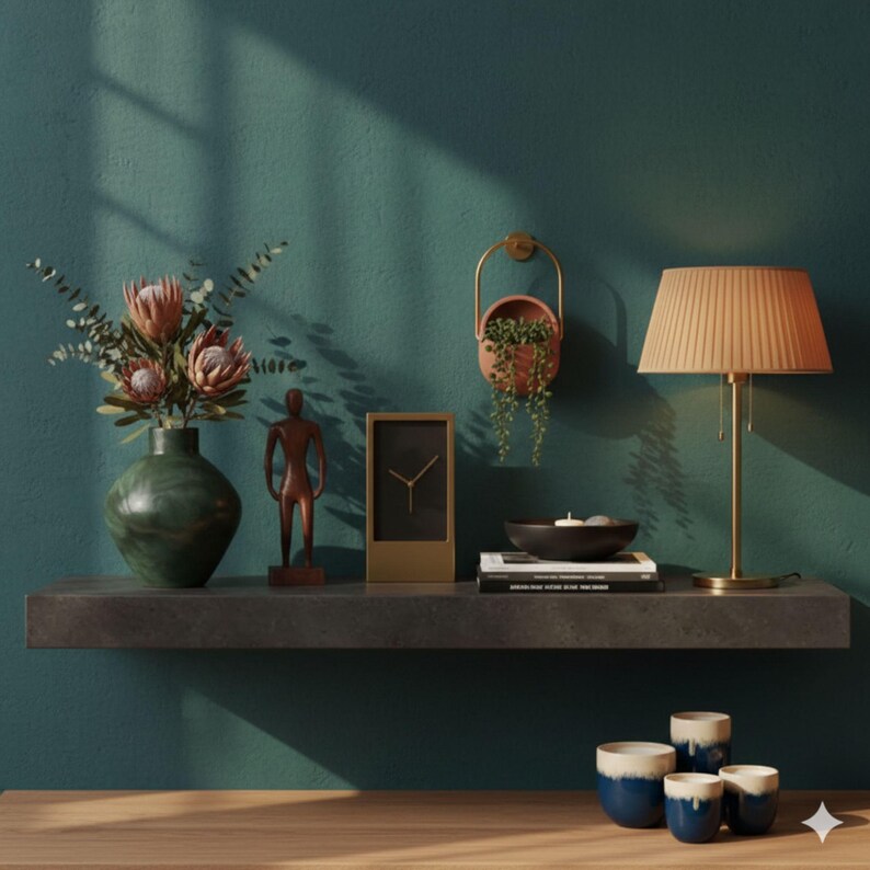 May include: A modern interior design scene featuring a dark green vase with pink flowers, a bronze statue, a gold-framed clock, and a table lamp with a pleated lampshade. A small hanging planter and a set of blue and white ceramic cups complete the decor.