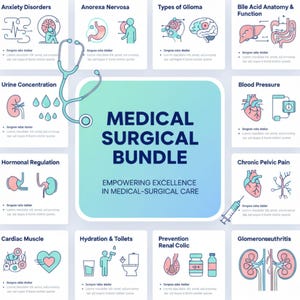 May include: A medical infographic with illustrations of various medical topics, including anxiety disorders, blood pressure, and hormonal regulation. The central text reads "MEDICAL SURGICAL BUNDLE" with the tagline "EMPOWERING EXCELLENCE IN MEDICAL-SURGICAL CARE."