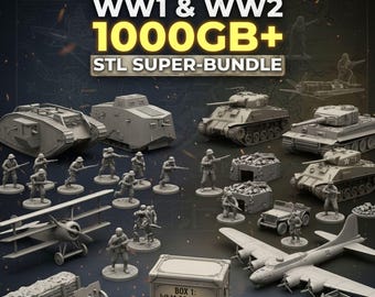 WW1 & WW2 1000GB+ STL Bundle, WW1 themed Tanks STL Bundle, 3D Print Files All 3D Printers, Tanks, Soldiers, Weapons Planes Military Vehicles