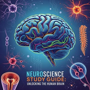 Op de afbeelding: Een digitale illustratie van een menselijk brein, neuronen en de tekst "NEUROSCIENCE STUDY GUIDE: UNLOCKING THE HUMAN BRAIN" op een blauwe achtergrond. Het brein is blauw met groene en roze accenten, de neuronen zijn verschillend gekleurd.