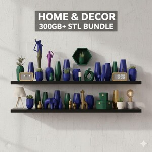 May include: A display of home decor items on black shelves against a white wall. The items include blue and green vases, sculptures, a lamp, and a digital clock. The text "HOME & DECOR 300GB+ STL BUNDLE" is at the top.
