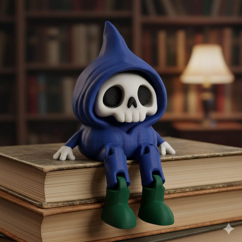 May include: A whimsical figurine of a hooded skeleton in a blue outfit, seated on a stack of books. The figure has a white skull face, white hands, and green boots. The background features a bookshelf and a lamp.