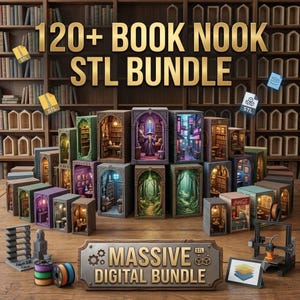 Op de afbeelding: Een digitale collectie van 120+ boekenhoek STL-bestanden voor 3D-printen, met diverse miniatuur-diorama's met interieurscènes, waaronder een tovenaar, bospaden en kamers, weergegeven met een 3D-printer en filamentrollen.