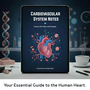 Puede incluir: Una tableta digital muestra "CARDIOVASCULAR SYSTEM NOTES" con una ilustración del corazón humano y los vasos sanguíneos. El texto "Explore the Heart and Vessels" y "Comprehensive Study Guide" también son visibles. La frase "Your Essential Guide to the Human Heart" está en la parte inferior.