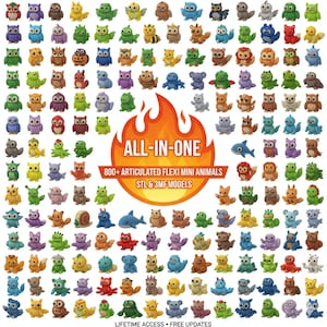 May include: A collection of over 800 articulated flexi mini animal models in various colors and designs. The image includes owls, frogs, koalas, and other creatures. The text "ALL-IN-ONE" is displayed with the text "800+ ARTICULATED FLEXI MINI ANIMALS STL & 3MF MODELS".