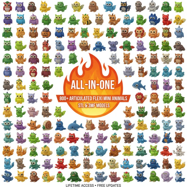 May include: A collection of over 800 articulated flexi mini animal models in various colors and designs. The image includes owls, frogs, koalas, and other creatures. The text "ALL-IN-ONE" is displayed with the text "800+ ARTICULATED FLEXI MINI ANIMALS STL & 3MF MODELS".