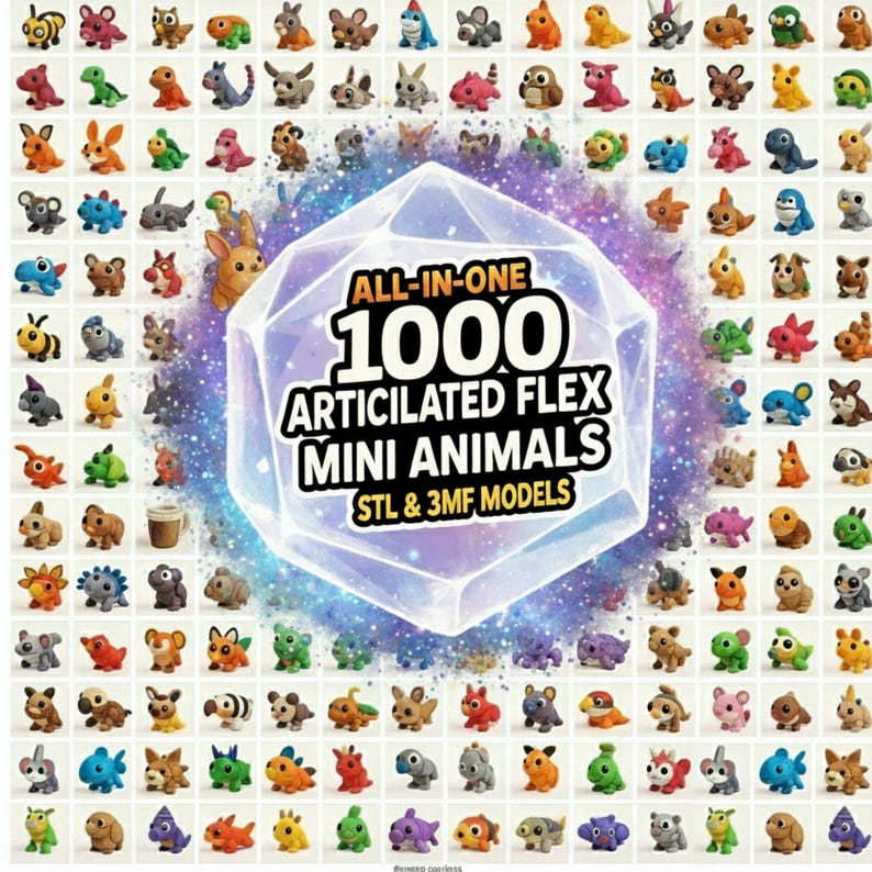 May include: A grid of colorful, articulated mini animal models in various shapes and colors, including a rabbit, fish, and bear. The image features a central graphic that reads "ALL-IN-ONE 1000 ARTICULATED FLEX MINI ANIMALS STL & 3MF MODELS."