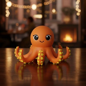 May include: A cute orange octopus figurine with large black eyes and a smiling mouth. The octopus has eight tentacles with yellow polka dots. The figurine is sitting on a wooden surface.