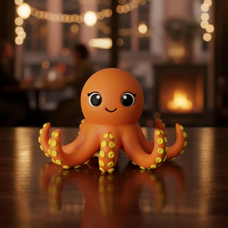 May include: A cute orange octopus figurine with large black eyes and a smiling mouth. The octopus has eight tentacles with yellow polka dots. The figurine is sitting on a wooden surface.