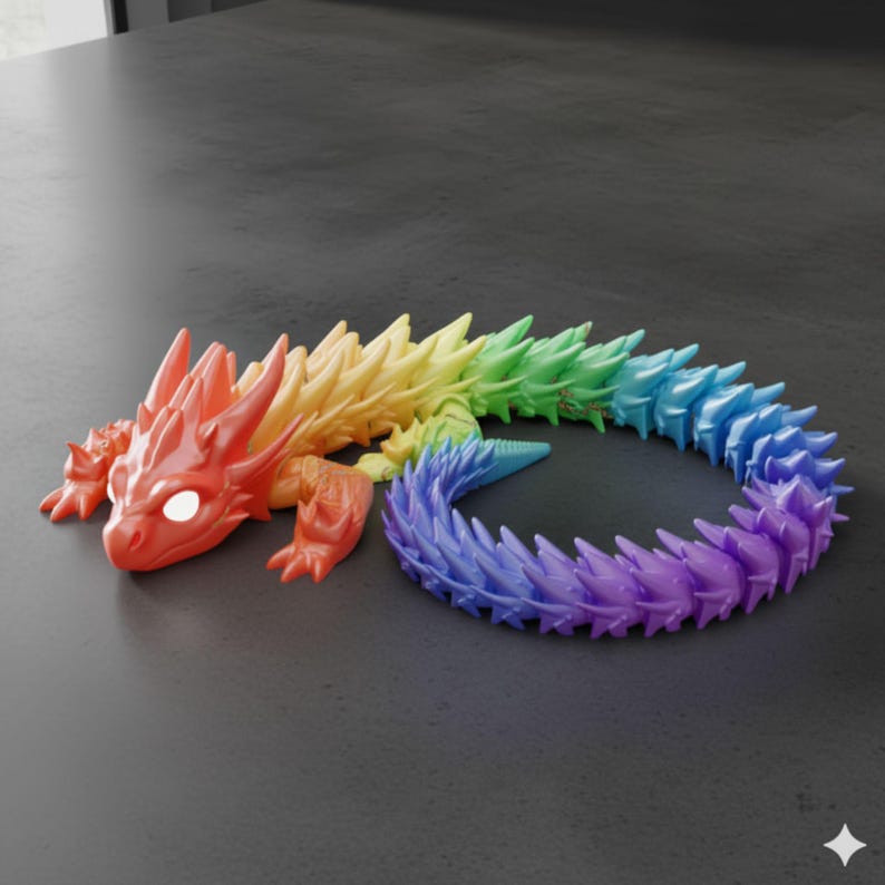 May include: A colorful, articulated dragon toy in a rainbow gradient. The dragon's head is red, transitioning through yellow, green, blue, and purple along its body and tail. The toy is made of plastic and has a spiky design.