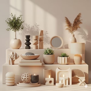 May include: A collection of neutral-toned home decor items arranged on tiered platforms. The display includes potted plants, decorative sculptures, candles, a mirror, and a lamp, creating a minimalist and modern aesthetic. The color palette is soft and inviting.
