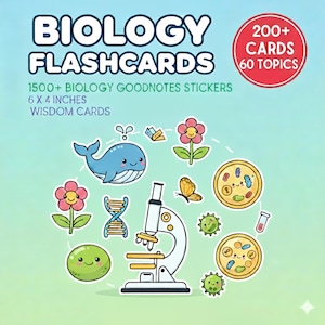 Op de afbeelding: Een kleurrijke illustratie voor biologie flashcards. De afbeelding bevat de tekst "BIOLOGY FLASHCARDS" en "6 x 4 inches" (15 x 10 cm). Er zijn ook cartoonafbeeldingen van een walvis, bloemen, een microscoop en cellen. De afbeelding zegt ook "200+ kaarten, 60 onderwerpen".