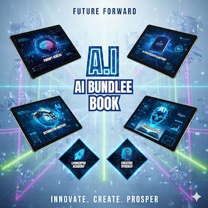 Może przedstawiać: Grafika promocyjna dla "AI Bundle Book", z czterema tabletami prezentującymi koncepcje AI. Tekst zawiera "Prompt Genius" i "Automation Mastery". Widoczne są również "Future Forward" i "Innovate. Create. Prosper".