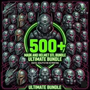 Könnte beinhalten: Digitales Kunstwerk mit einer Sammlung futuristischer Masken und Helme. Die Designs umfassen Schädel, Aliens und gepanzerte Stile mit leuchtend roten Augen. Der Text lautet "500+ Mask and Helmet STL Bundle Ultimate Bundle".