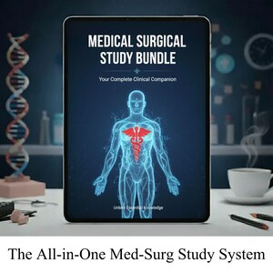 May include: A digital tablet displays a medical study bundle graphic. The image features a human figure with a red caduceus symbol, and the text "MEDICAL SURGICAL STUDY BUNDLE." The tablet is on a white surface with a cup of coffee and two pens.