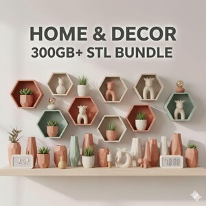 May include: A display of home decor items, including hexagonal shelves, vases, and decorative figurines. The shelves are in various colors, holding small plants and animal-shaped ornaments. The text "HOME & DECOR 300GB+ STL BUNDLE" is displayed at the top.
