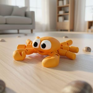 May include: An orange crab toy with large, expressive eyes and articulated legs and claws. The crab is made of a smooth, solid material and is positioned on a light-colored wooden surface. The toy has a cartoonish design.